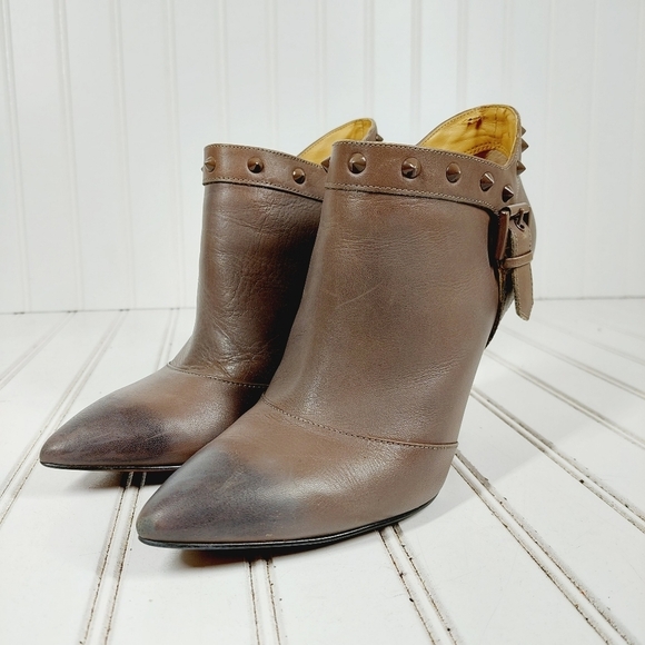 Enzo Angiolini Eapresly Brown Leather Stiletto Heels Studs Ankle Bootie E398 - Picture 2 of 15